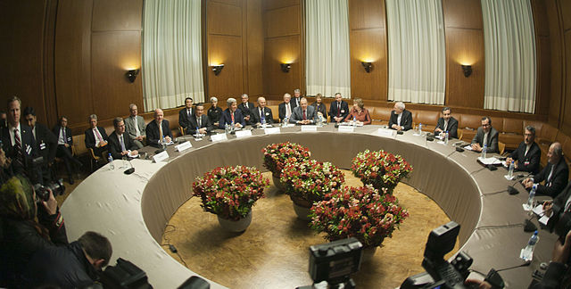  The ministers of foreign affairs of Germany, the United Kingdom, China, the United States, France, Russia, the European Union and Iran meeting in Geneva for the interim agreement on the Iranian nuclear programme (November 2013).